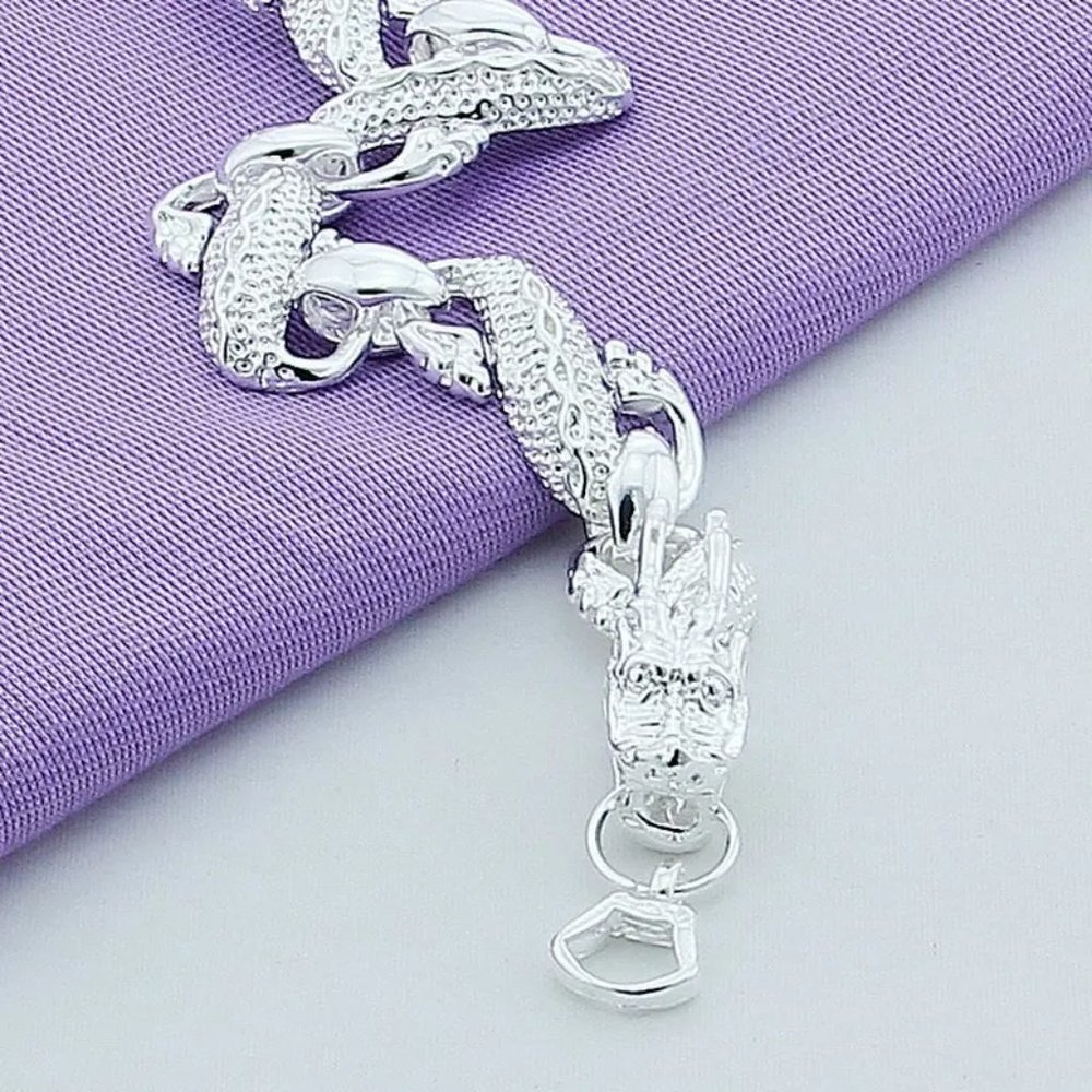 Stunning Full Big Dragon 8" Sterling Silver Stamped Bracelet - Picture 4 of 8